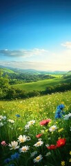 Fototapeta premium Scenic spring meadow with diverse flowers swaying in the breeze, set against rolling green hills Warm sunlight and clear skies create a peaceful and idyllic nature scene