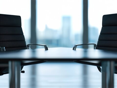 A modern conference room with a sleek table and two chairs, set against a blurred cityscape backdrop.