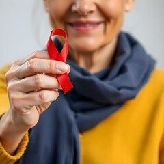 Lady showing hiv or aids awareness symbol volunteering for charity campaign for prevention immunity disease cancer elderly healthcare support Hand of mature woman holding red ribbon Close up
