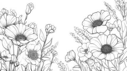 Spring Flowers Line Art Black and white Floral Bouquets Coloring Page for Flowers Hand Drawn Floral Illustrations Botanical Line Drawings Fine Line Flower Designs for Invitations
