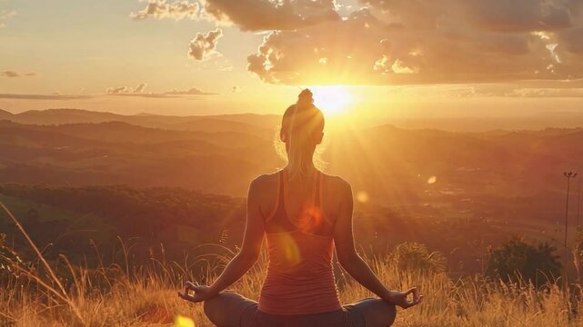 A woman doing yoga in sportswear at sunset on a hilltop while taking in the breathtaking scenery and discovering inner peace.