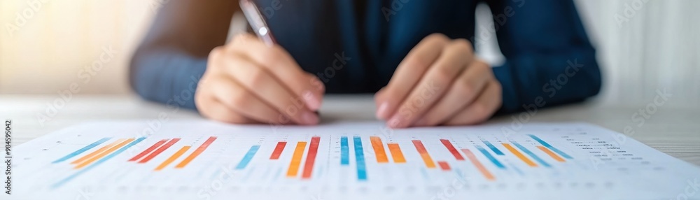Poster a person examines a colorful data sheet, focusing on charts and graphs, possibly analyzing informati