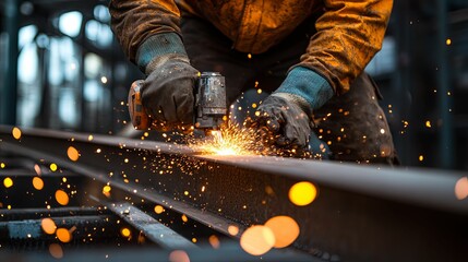 Close-up of a Worker Grinding Metal with Sparks Flying