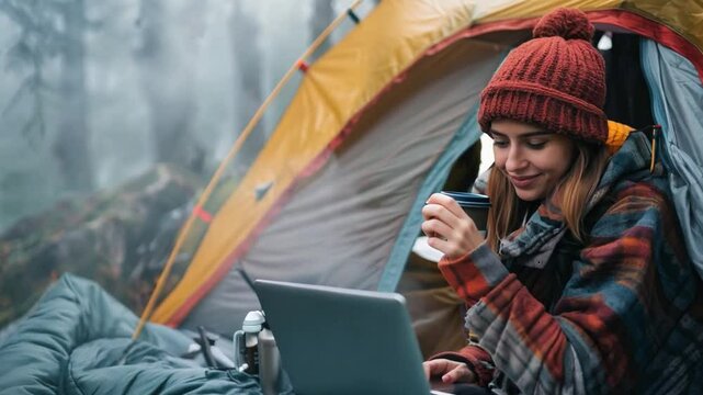 A woman enjoying a morning coffee by her tent, laptop open and engaged in a video call, capturing the essence of the digital nomad lifestyle.