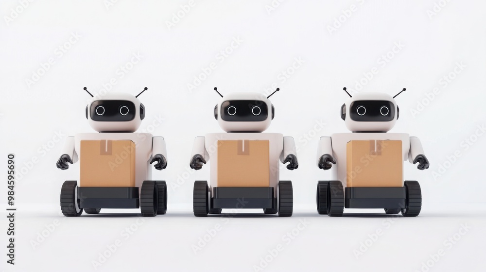 Poster three cute robot figures with boxes on rolling bases, set against a plain background, embodying a bl