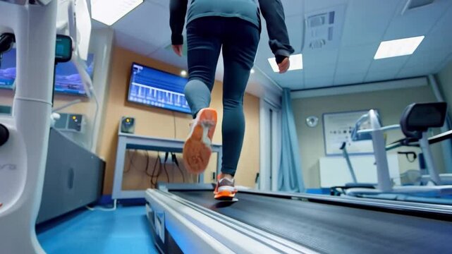 A patient walking on a treadmill in a clinic while a specialist observes, showcasing a gait analysis for flat feet diagnosis.