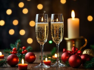 Sparkling Christmas celebration with champagne and candles.