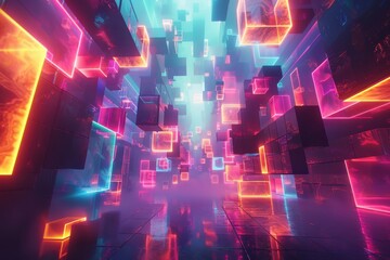 Fototapeta premium A colorful, neon-lit room filled with blocks of various colors