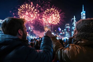 A group of friends at a rooftop party raising their champagne glasses in a toast as fireworks light up the night sky behind them. The air is filled with excitement and joy