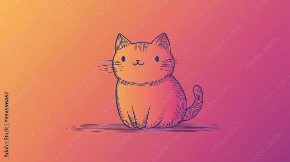 Poster Line art illustration featuring a warm gradient design of a cartoon cat