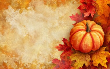 Autumn pumpkin resting on vibrant red and orange leaves, placed against a textured background, perfect for seasonal themes