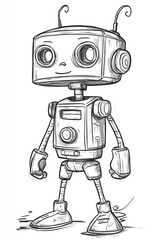 Line art illustration featuring a cartoon style robot drawing