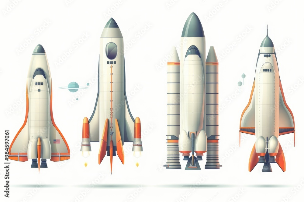 Poster multiple rockets in various sizes and shapes against a plain white background