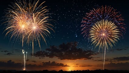 Spectacular fireworks display over the horizon.