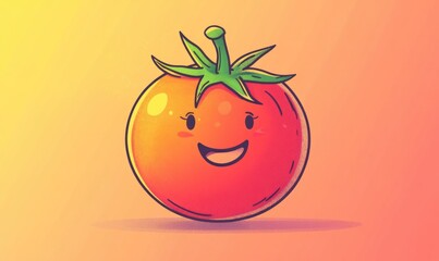 Warm gradient line drawing of a cheerful cartoon tomato in a playful style