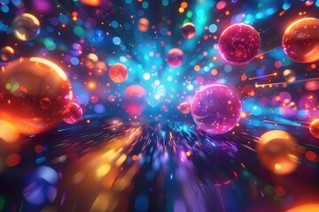 A colorful, abstract space with many different colored spheres