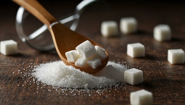 Spoon with sugar cubes representing high sugar intake.