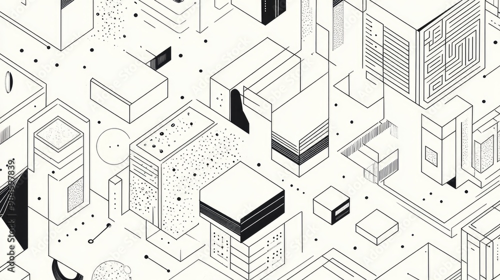 Aufkleber line art illustration featuring a composition of abstract 3d shapes including cubes hexagons squares