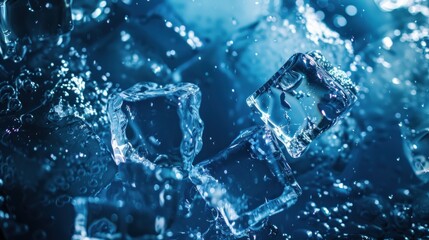 A blue background with ice cubes floating in the water, with an abstract style