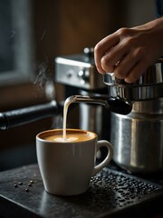 Steaming milk being poured into espresso.