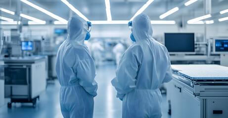 Futuristic lab scene, duo in hazmat suits at work amidst tech.
