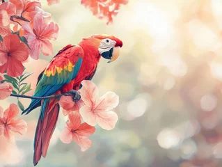 Fototapete Rund A vibrant parrot perched among colorful tropical flowers, showcasing its stunning plumage in soft, dreamy background. scene evokes sense of tranquility and beauty © Petzhy