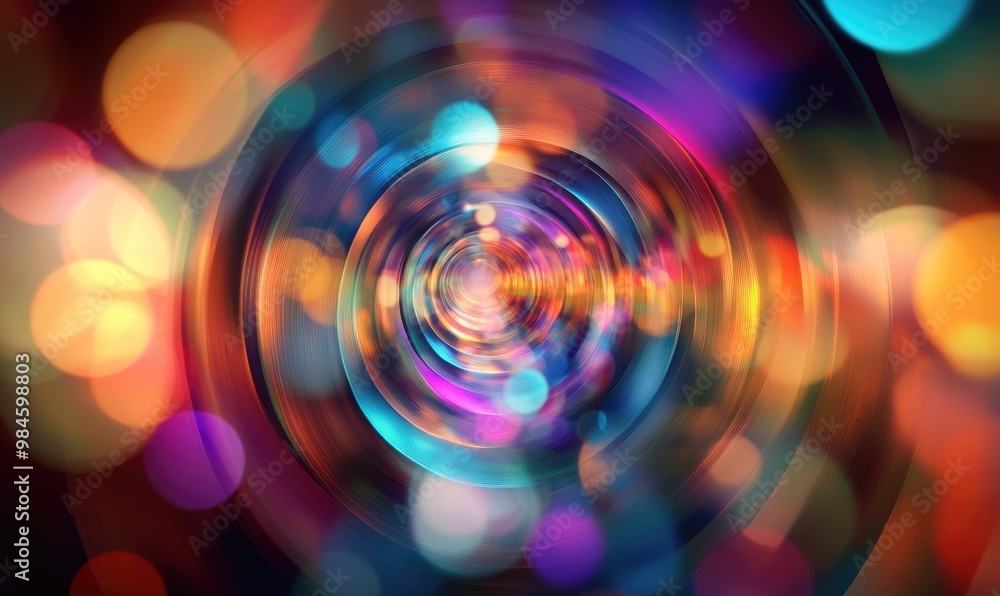Poster abstract illustration featuring multicolored circles and blurred light with curved lines providing a