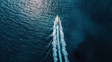 a boat sailing on the blue sea, leaving long white trails behind it, aerial view