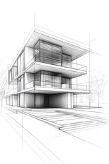 Line art illustration showcasing a conceptual sketch of architectural house building in a 3D rendering style