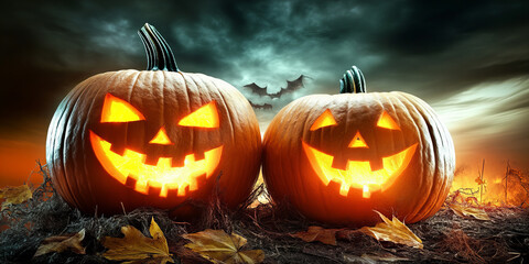 Festive Halloween Pumpkin Decoration on Dark Background Featuring Autumn Leaves and Jack-O'-Lantern with Bright Glowing Face, Perfect for Halloween Party, Holiday, and Seasonal Celebrations