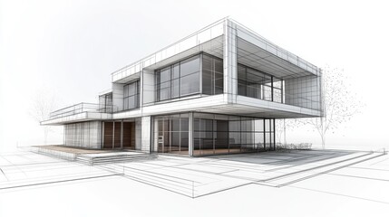 Line art illustration featuring a conceptual sketch of architectural design for a house building in 3D