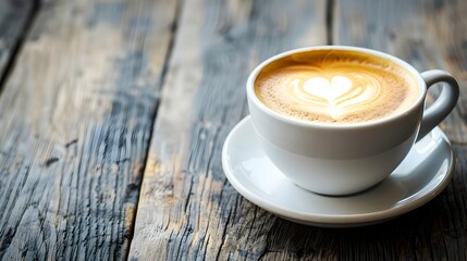 Steaming Cup of Cappuccino with Heart Shaped Latte Art on Rustic Wooden Table
