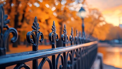 A close-up view of an ornate iron fence against a backdrop of autumn foliage, showcasing elegance in a serene park setting.