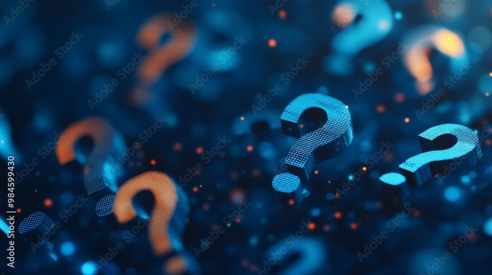 Poster an immersive abstract technology background featuring vibrant question marks exploring themes of inq