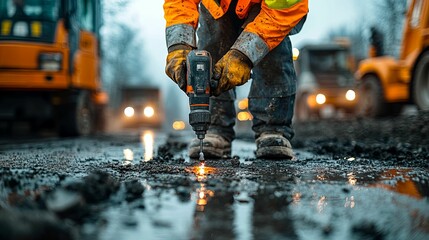 Construction Worker Using a Drill on a Wet Road