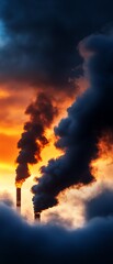 Obraz premium Industrial smokestacks against a vibrant sky