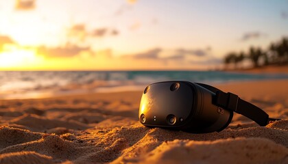 Obraz premium A virtual reality headset resting on the sandy beach at sunset, reflecting the warm hues of the sky and ocean waves.