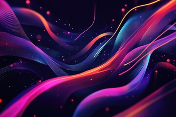 Line art illustration featuring a dark background with glowing neon ribbons and curved light lines creating an abstract night view