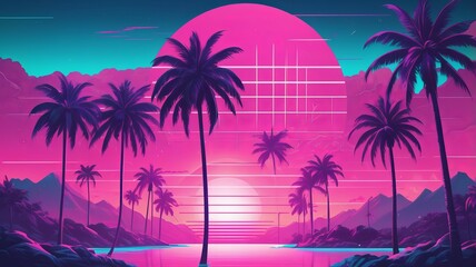 Fototapeta premium Retro futuristic sun with palm trees, 80s abstract background 