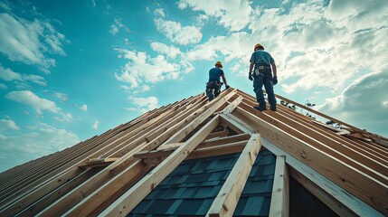 Two Construction Workers on a Roof Framing of a New Home