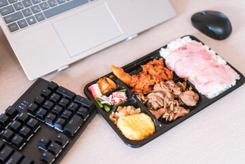 Busy Office Worker or Student in Korea Ready to Eat Convenience Store Lunch at Work Desk