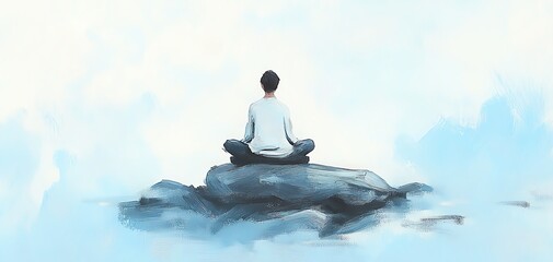 Person meditating on a rock, serene atmosphere