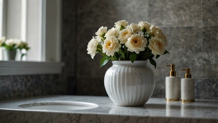 Stylish white vase with fresh flowers in a chic bathroom setting.