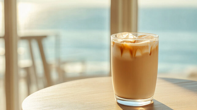 Iced latte coffee on a modern round wooden table close-up in front of a bright window with a light blue ocean view