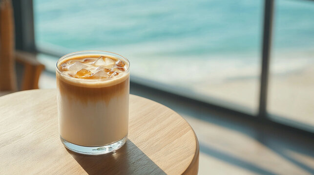 Iced latte coffee on a modern round wooden table close-up in front of a bright window with a light blue ocean view