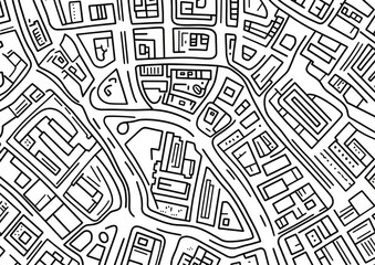 Line art illustration of a street map on a white background Top flat view featuring intricate linework and design details