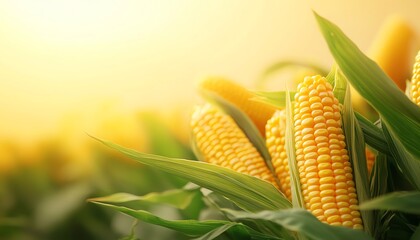 Golden corn cobs growing in a field illuminated by sunlight, showcasing the beauty of nature's harvest.