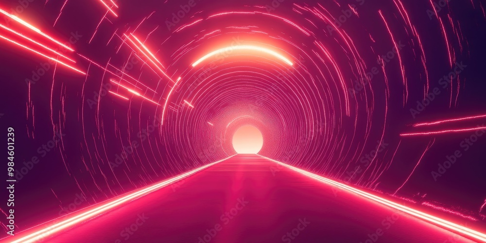 Poster line art illustration of a tunnel illuminated by a light source featuring a dynamic motion blur effe