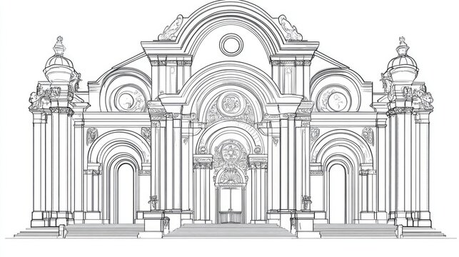recommend clip art: Line art illustration showcasing a church facade in Baroque style featuring decorative arches circles and intricate details characteristic of cultural heritage in a Catholic temple