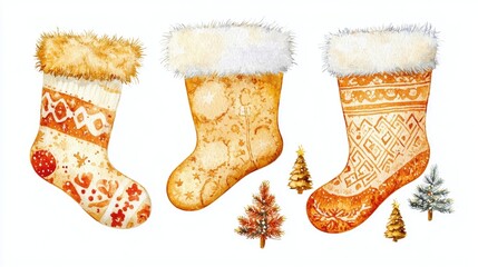 Vintage golden knitted and furry Christmas stockings in a line art style on a white background featuring festive tree decorations in a watercolor illustration